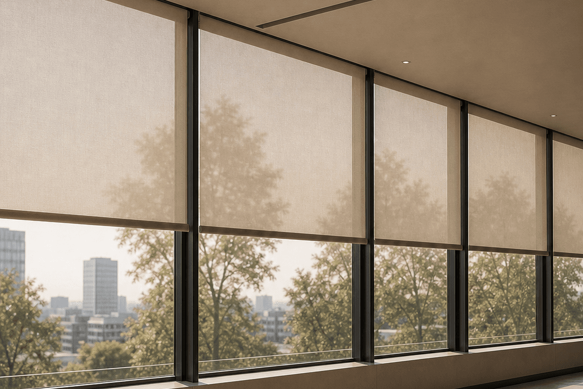 Múltiples cortinas motorizadas alineadas en fachada
