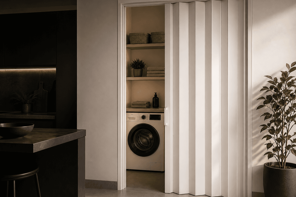 Puerta plegable PVC separando ambientes residenciales