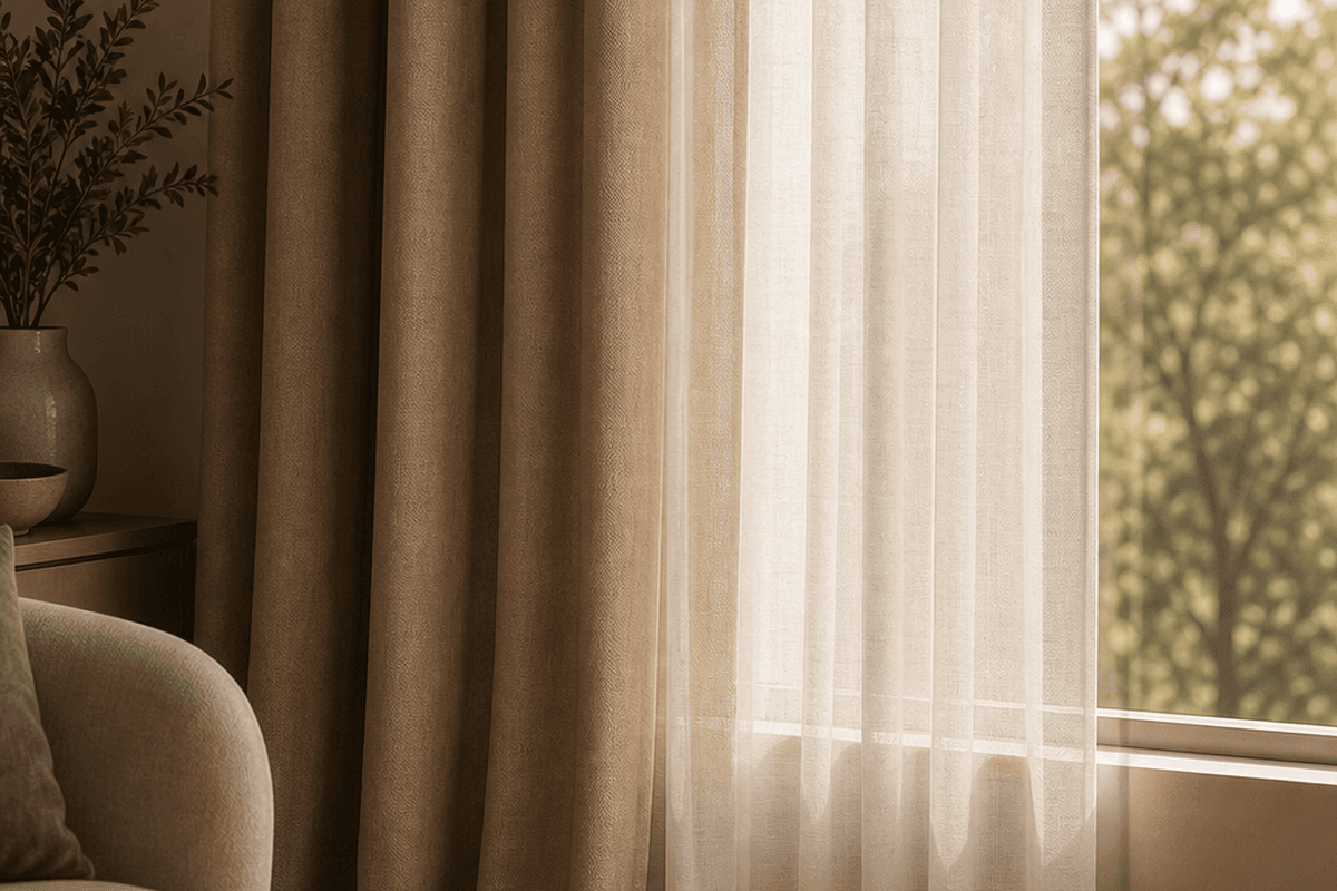 Layered curtains combining sheer and blackout panels