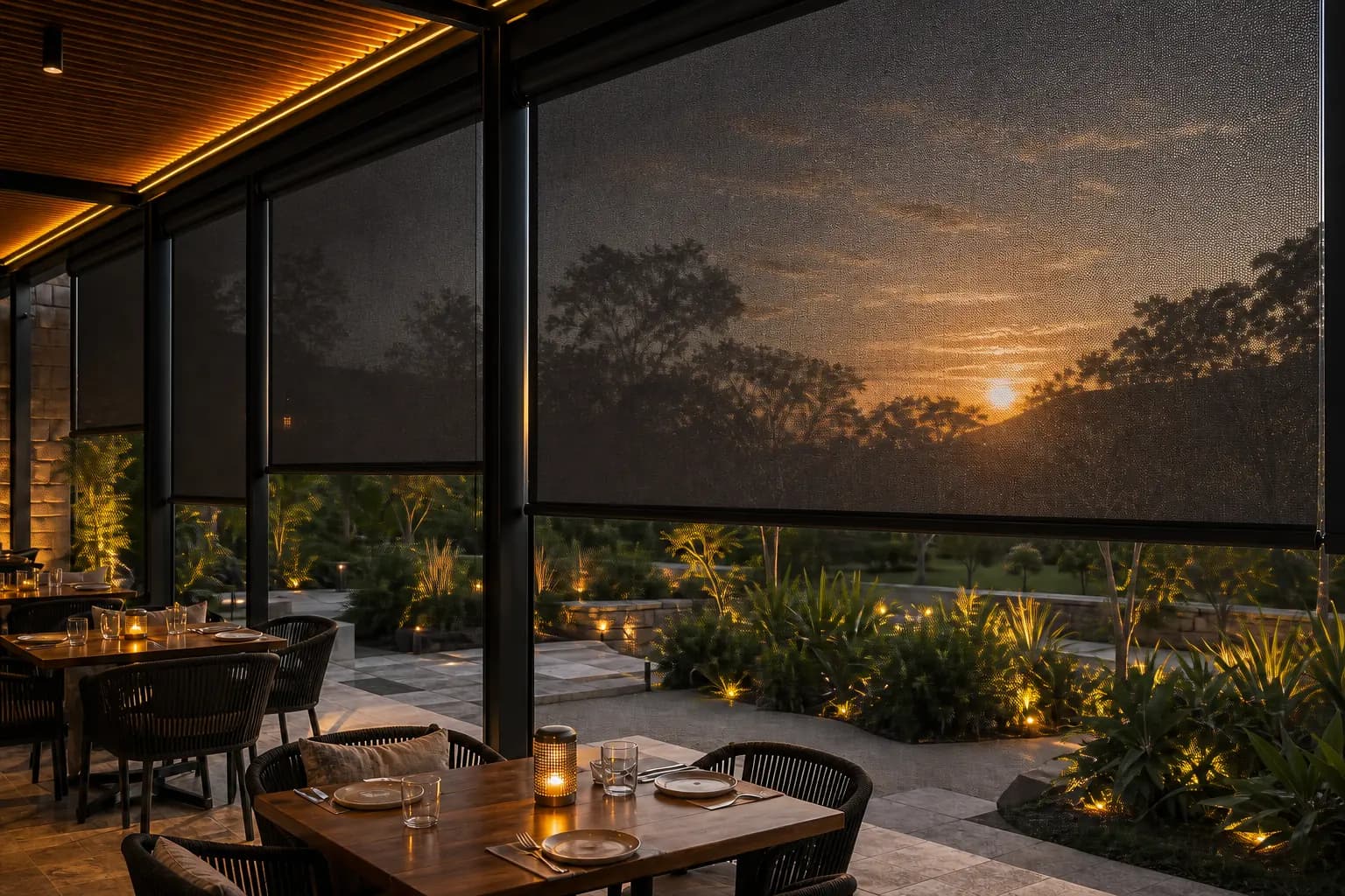Enrollables exteriores en restaurante al atardecer